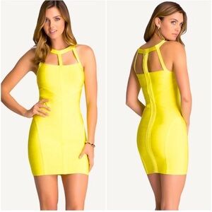Bebe Yellow Cut Out Halter Bandage Bodycon Mini Cocktail Dress Sz M